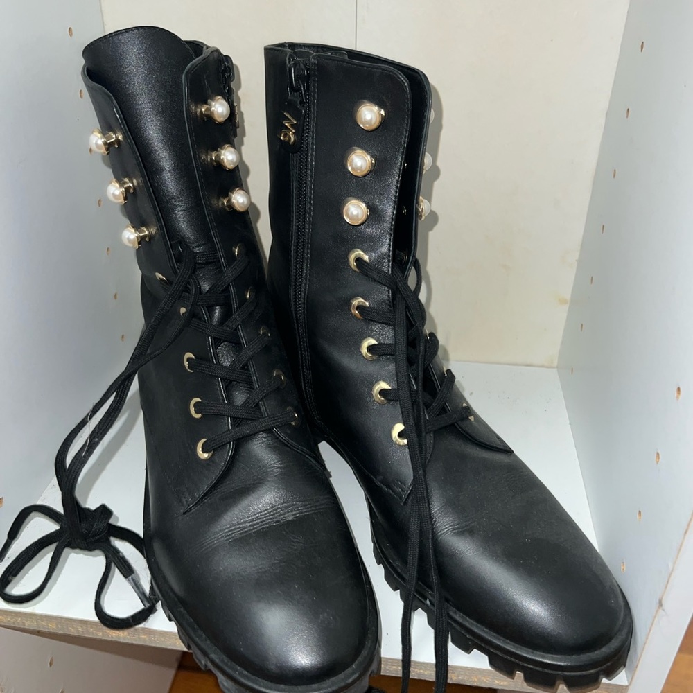 Stuart Weitzman Black Combat Boots with Pearl Accents